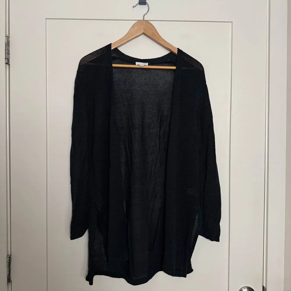 J Jill Cardigan Sz L Petite Navy Longline Open Front Knit Linen Blend Minimalist